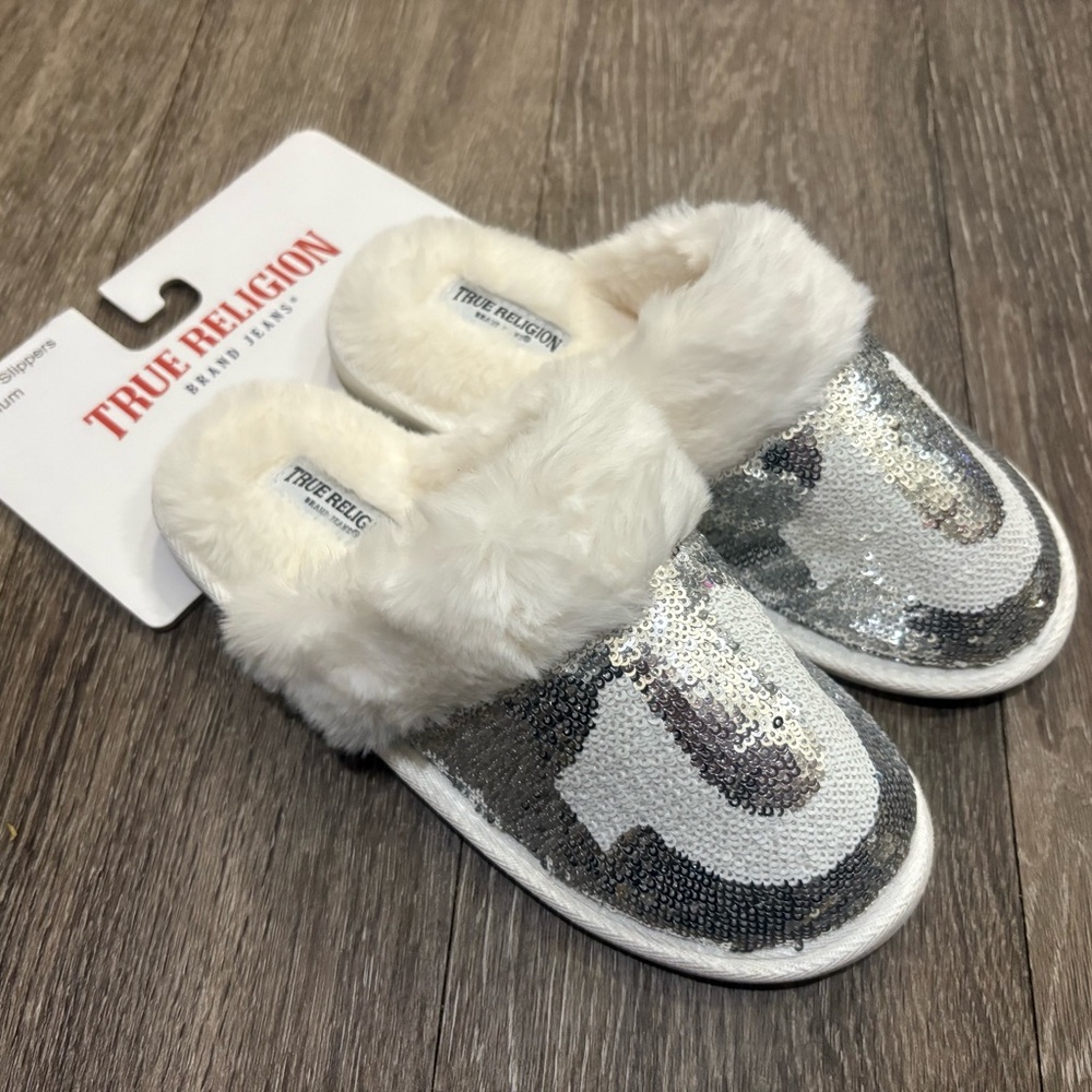 True Religion Silver Sequin Slippers Size M